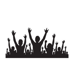 Excited Crowd Cheering with Raised Hands at a Public Event