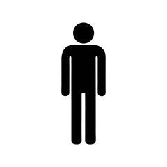 A simple black stick figure of a person standing upright on a white background plain