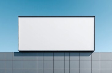 Blank billboard tops tiled wall, showcasing a clear, light blue sky above