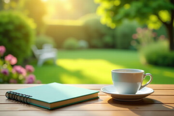 A cup of coffee and a notebook sit on a table, perfect for writing or studying