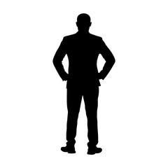 Silhouette of a man in a suit standing with hands on hips against white background