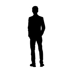 Silhouette of a man standing with hands in pockets wearing jacket and trousers