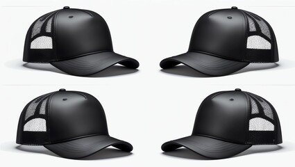 Black baseball cap. Empty hat mockup, headwear caps in back, front and side view. Corporate uniform clothes cap