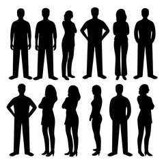 Silhouette illustrations of men and women standing in various poses on white