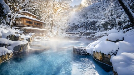 Wide-angle view of the Takaragawa Onsen in winter snow