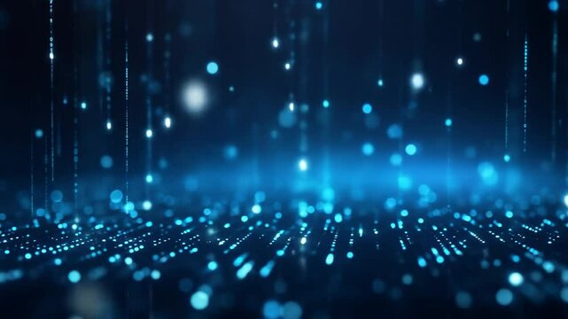 Futuristic digital data flowing downward and scattering. Blue particles moving across a dark blur background. Big data blockchain visualization, technology concept abstract footage.