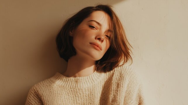 Soft and feminine image of a young adult woman in minimal setting, wearing a loose cream sweater, exuding quiet confidence and calm energy