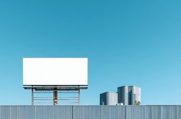 Obraz premium Billboard and industrial buildings stand against a bright blue, clear sky