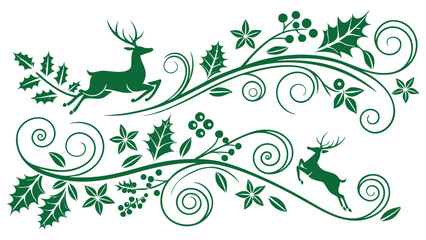 Elegant Green Christmas Ornament with Reindeer Holly Berries and Swirls on White