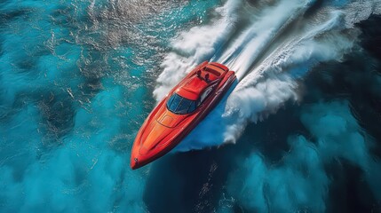 Fototapeta premium Compact speedboat racing on vivid blue ocean, leaving a foamy trail under tropical sun