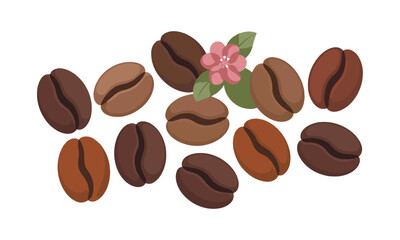 Vector illustration featuring a scattered arrangement of roasted coffee beans,  elliptical shapes, slightly asymmetrical for realism, easily scalable and editable.