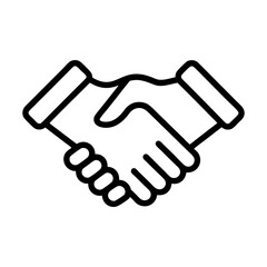 A simple black and white line drawing of two hands clasped in a handshake gesture