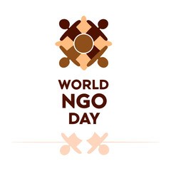 World ngo day graphic with people holding hands in a circle and text below it