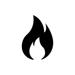 A black and white graphic illustration of a stylized flame on a white background
