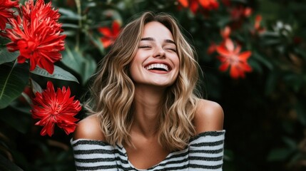 Naklejka premium Joyful woman surrounded by flowers