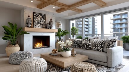 Neutral toned living room with greenery and light high resolution picture
