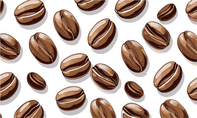 Vector illustration featuring a scattered arrangement of roasted coffee beans,  elliptical shapes, slightly asymmetrical for realism, easily scalable and editable.
