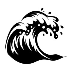 A black and white graphic illustration of a stylized ocean wave with droplets