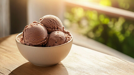 A creamy chocolate ice cream on a beige bowl on a wooden table and sunlight reflection