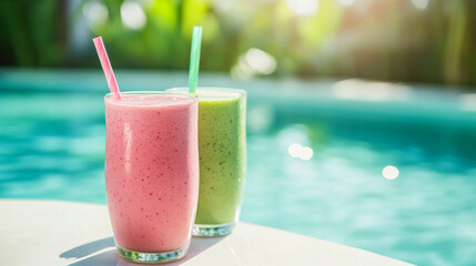 Light green and pink smoothies next to a swimming pool and sunlight reflection 
