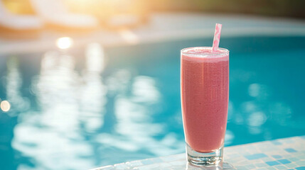 A pink smoothie on a long glass next to a swimming pool and sunlight reflection