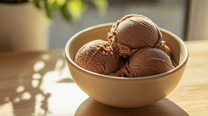 A creamy chocolate ice cream on a beige bowl on a wooden table and sunlight reflection