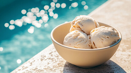 Creamy and healthy homemade ice cream on a beige bowl next to a swimming pool and sunlight reflection
