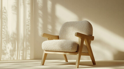 A wooden chair with beige boucle fabric on a light beige background and sunlight reflection
