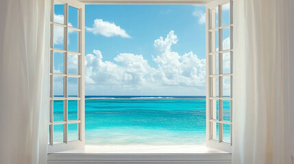 A bright white window with the Caribbean sea view