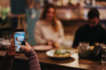 A person photographs their friends enjoying a meal at a dimly lit restaurant. The scene captures the warmth of companionship, good food, and a modern dining experience.