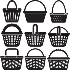 A collection of stylized illustrations featuring various woven baskets, some empty and others filled with agricultural produce like vegetables and grains, depicted with a clean, vector aesthetic.