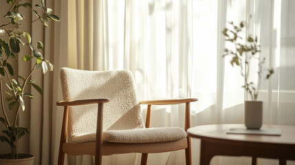 A wooden chair with beige boucle fabric on a light beige background and sunlight reflection