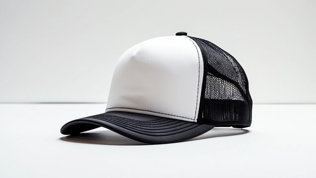 Gorra modelo trucker blanca y negra sobre fondo blanco