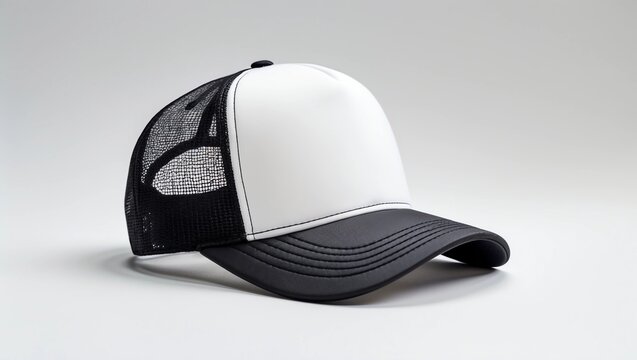 Gorra modelo trucker blanca y negra sobre fondo blanco