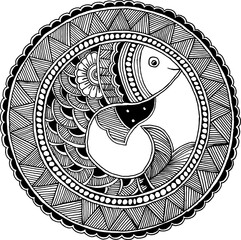 Handmade Madhubani Fish Painting in Digital Black PNG Format