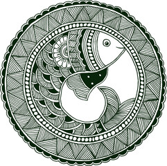 transparent digital image of a traditional handmade Madhubani painting depicting artistic fish motifs. Dark green color