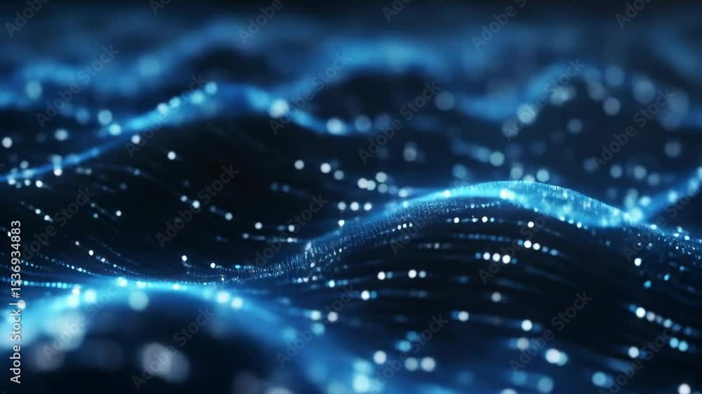 Poster abstract blue glowing particles form swirling wave pattern, representing big data and network connec