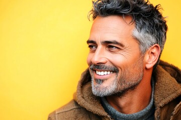 Fototapeta premium A classic beauty man with timeless elegance. A chic gentleman dressed in style and confidence. A man with a stylish hairdo looking confident. A relaxed and charming gentleman with a bright smil.