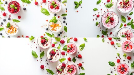 Four yogurt parfaits, layered with berries, granola, and herbs, arranged in a grid pattern on a white background