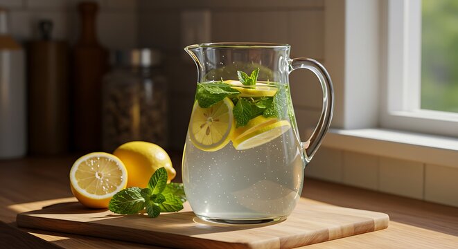Refreshing Lemonade with Mint and Lemons in a Glass Pitcher