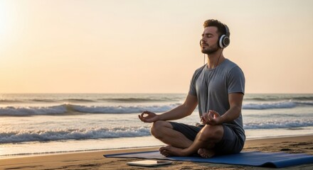 Young caucasian male meditating on beach with headphones at sunrise