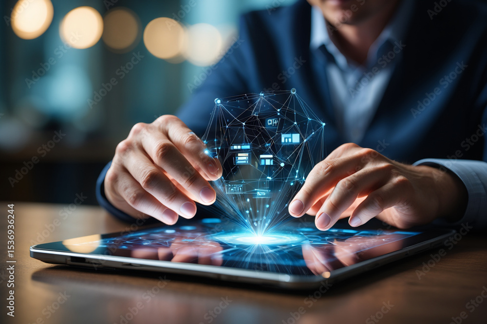 Poster businessman using tablet to interact with digital network data visualization