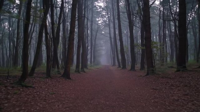 Misty forest pathway surrounded by tall trees creates a serene and mysterious woodland atmosphere. The foggy scene invites exploration in the tranquil natural setting.