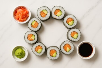 Delicious salmon avocado sushi rolls circle arrangement