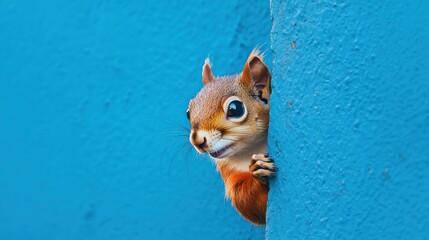 Curious red squirrel peers from behind vibrant blue wall, looking intently leftward