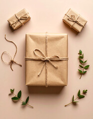 Kraft Paper Package with Twine on Solid Background