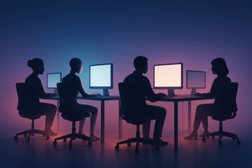 Diverse team working late on computers in dark office