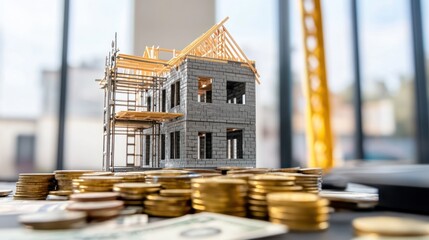 Miniature house under construction, money