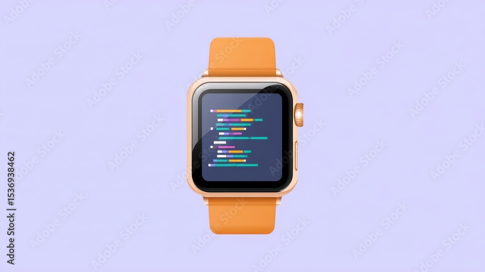 Poster smartwatch displaying code on a vibrant background with an orange strap, symbolizing technology and 