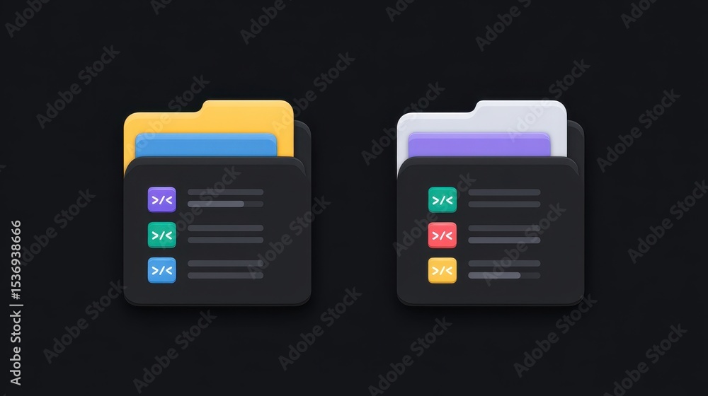 Poster two digital folders with colorful tabs on a dark background, featuring organized lists for easy acce